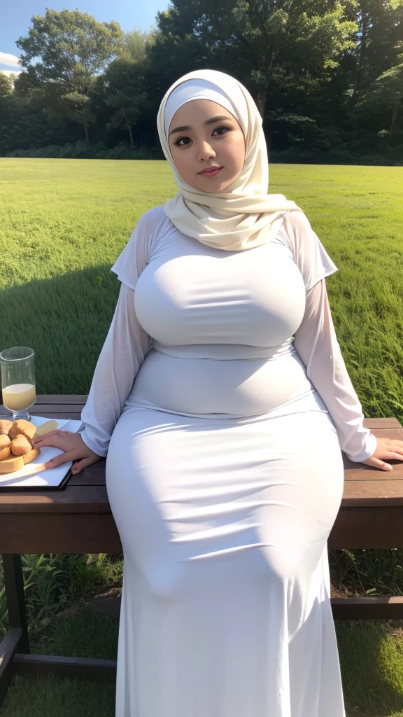 ( Close Up),RAW, Best quality, high resolution, works: 1.3), Beautiful Malay woman in hijab, Masterpiece, fit body, big breasts, beautiful big eyes, Soft smile, beautiful face, woman sitting at a table in a green meadow, traditional beauty, moment sunset, in the field, in the countryside, beautiful woman, with the sunset, wearing a soft long dress, muslim,, hijab, beautiful woman, with a beautiful appearance, a very beautiful masterpiece, a masterpiece of art, good lighting, Bright colors, Clean lines, chubby body, wide chubby hips, chubby arm, chubby massive thighs , massive cleavage , massive armpits , white armpits , armpit hair , extra cleavage, full body , milky white skin 