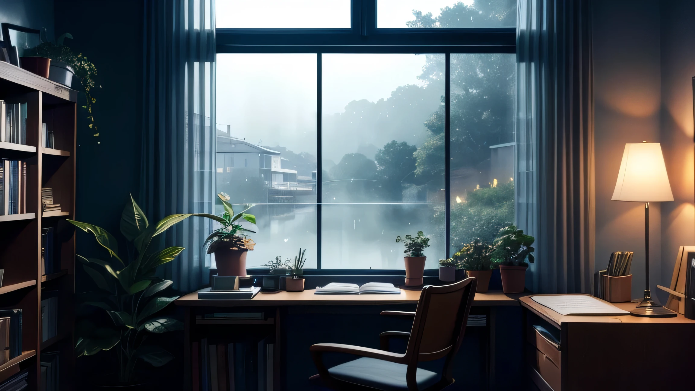 Generate a photo of a night scene with a desk, stationery, a large window, a night sky, cloudy sky, rain, and fog. The scene should have a soft anime style and a 16:9 aspect ratio. Use the soft ambient light from the window to capture the peaceful atmosphere of the night. Include subtle details such as the stars outside and a cozy, softly lit room with books and plants in the background.