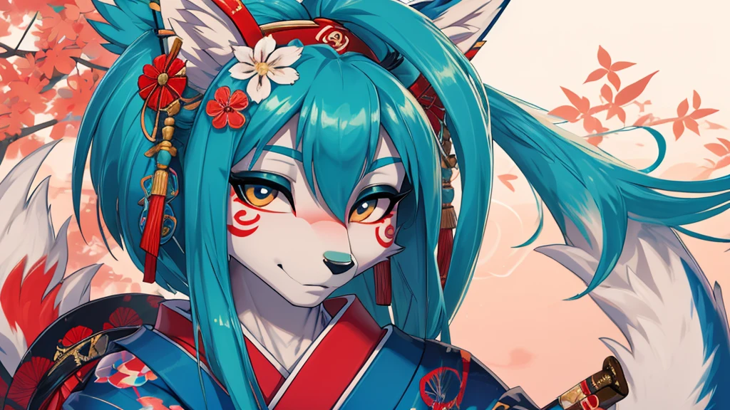 Miku Hatsune, agregar alta definición_detalle:1, pelaje azul,Orejas de Kitsune, japanesse tattoo art agregar_detalle:1, brazos al aire, japanese samuray costume add_detail:1, resplandecent body, geisha girl, smoken japanesse pipe