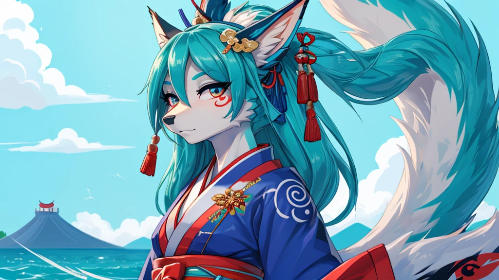 Miku Hatsune, agregar alta definición_detalle:1, pelaje azul,Orejas de Kitsune, japanesse tattoo art agregar_detalle:1, brazos al aire, japanese samuray costume add_detail:1, resplandecent body, geisha girl, smoken japanesse pipe