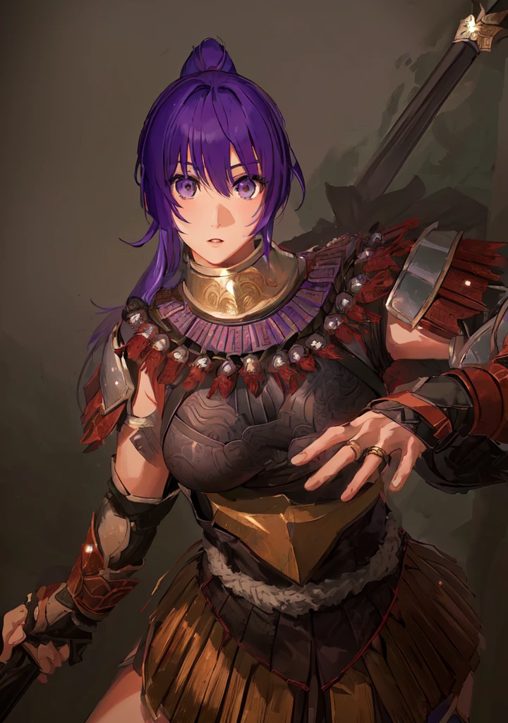 Anime style image of a woman with purple hair and a spear, As a powerful monster hunter, wearing monster hunter armor, Armor Girl, wearing monster hunter armor, A very beautiful berserker woman, wearing dark Purple Armor, Morrigan, Epic RPG portrait, Wearing a shining breastplate, Portrait Ninja Gaiden Girl, With scaly armor, Purple Armor，Dark skin，Black Leather，Good shape，Huge breasts，Three Kingdoms志。Three Kingdoms无双，Three Kingdoms，，antiquity，Chinese style，Female generals