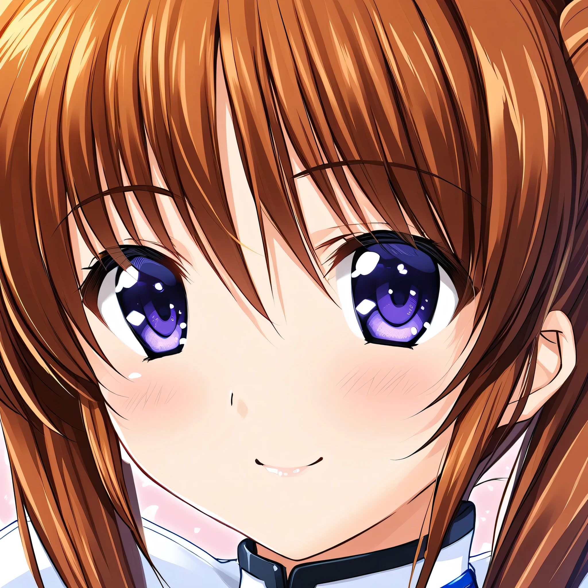 takamachi_nanoha, 1girl, solo, twintails, brown hair, smile, close-up, portrait, magical girl, purple eyes, 