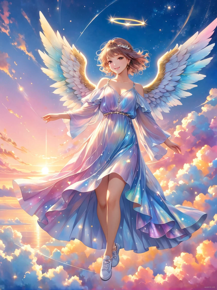 A whimsical representation of an angel with large, sparkling wings, standing on a cloud. The angel is striking an unconventionally hip, modern pose, complete with a gentle smile. The angel's wings shimmer with a gradient of pearlescent colors, catching hints of blues, pinks, and gold. The sky behind is a majestic blend of sunset colors, with flecks of emerging stars. The angel's robe is hints of pastels, fluttering softly as if moved by a gentle breeze. To add a certain level of modernity - the angel is wearing trendy, casual shoes.