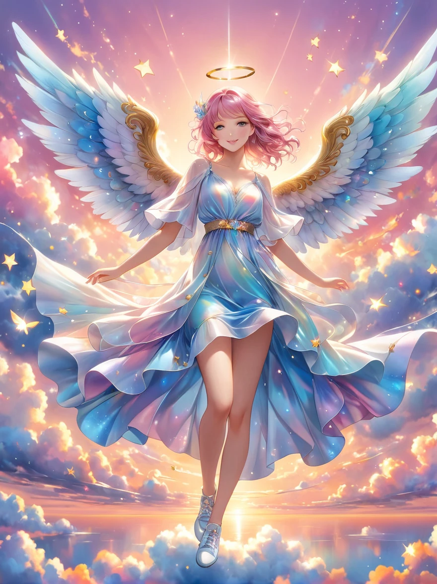 A whimsical representation of an angel with large, sparkling wings, standing on a cloud. The angel is striking an unconventionally hip, modern pose, complete with a gentle smile. The angel's wings shimmer with a gradient of pearlescent colors, catching hints of blues, pinks, and gold. The sky behind is a majestic blend of sunset colors, with flecks of emerging stars. The angel's robe is hints of pastels, fluttering softly as if moved by a gentle breeze. To add a certain level of modernity - the angel is wearing trendy, casual shoes.