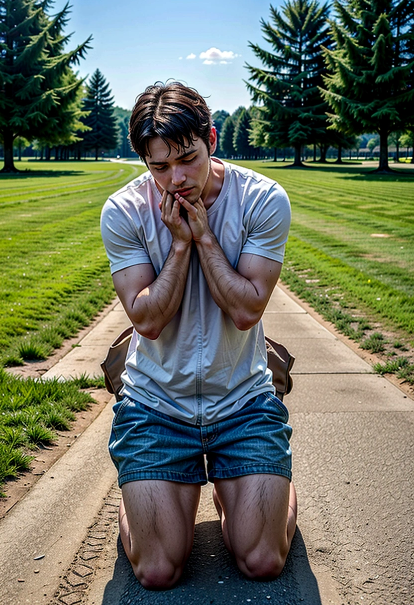 An image of a man kneeling in prayer, outdoors, demonstrating his devotion to God