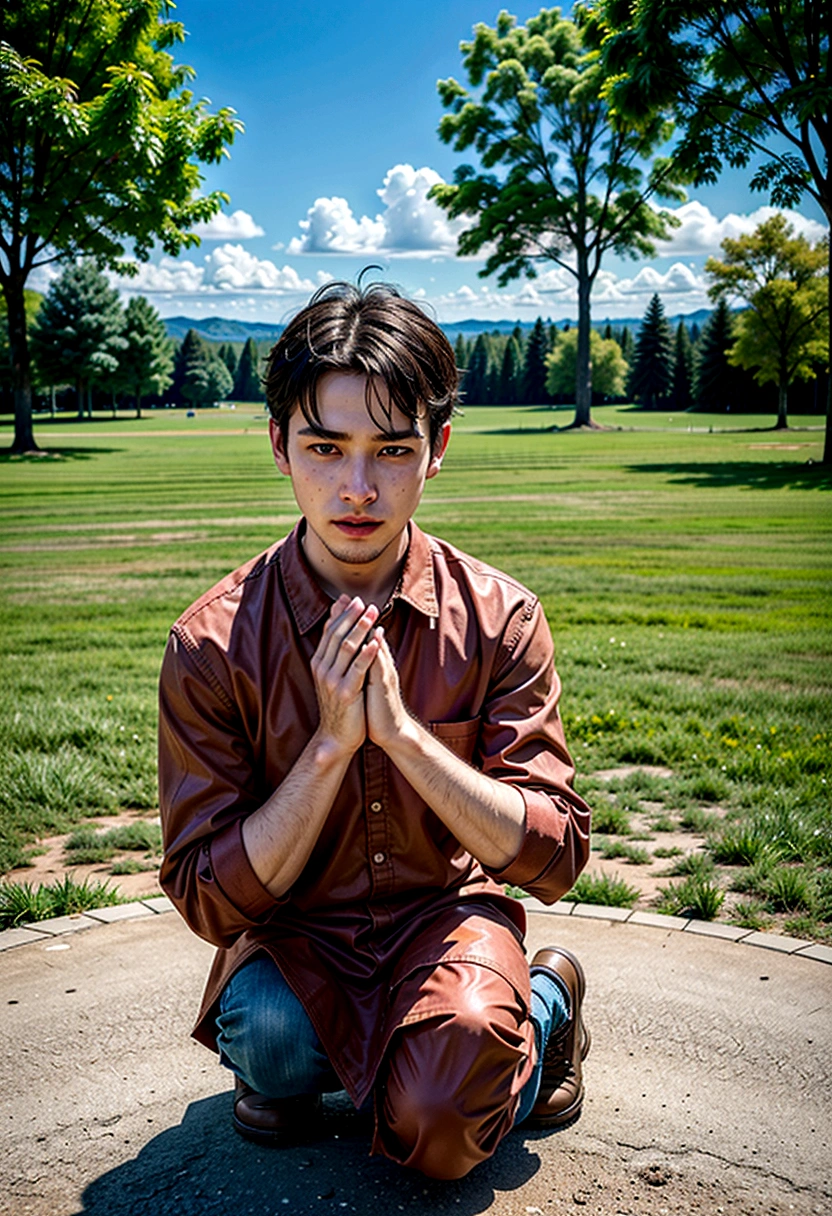 An image of a man kneeling in prayer, outdoors, demonstrating his devotion to God
