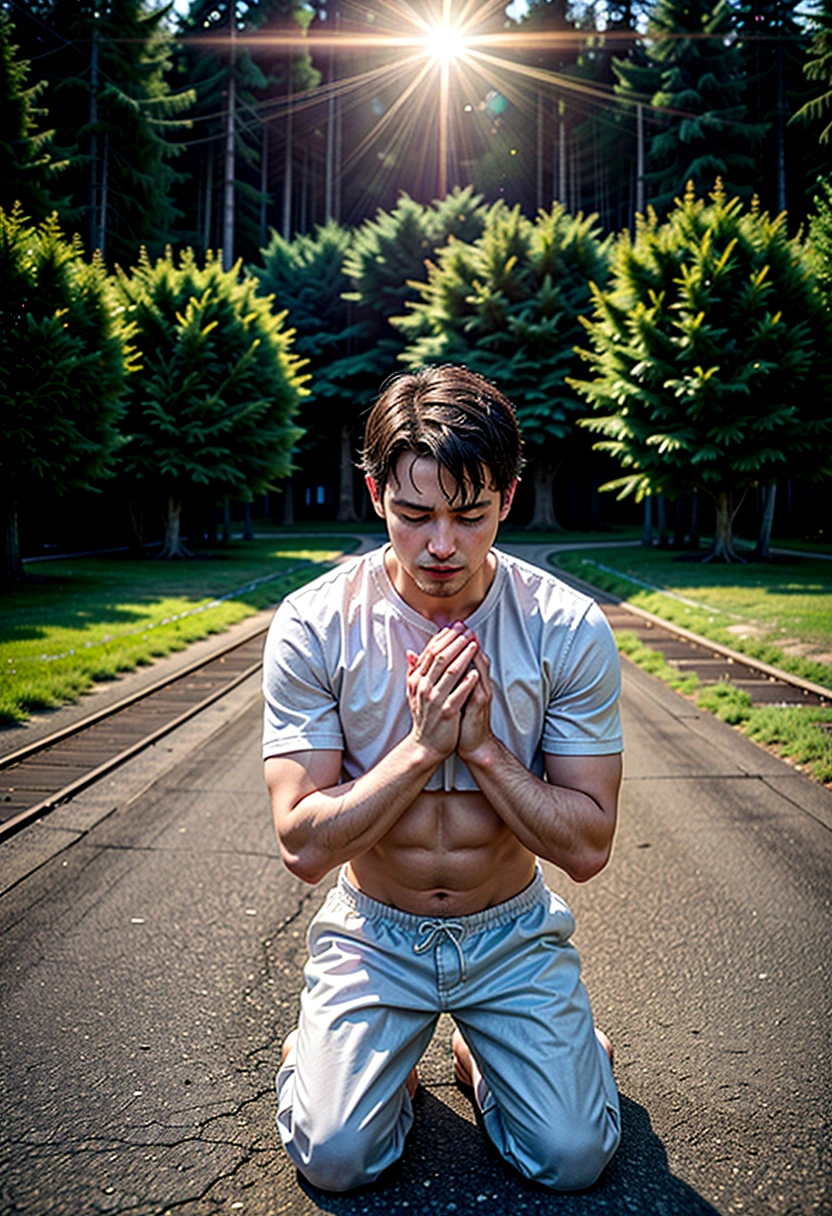 An image of a man kneeling in prayer, outdoors, demonstrating his devotion to God