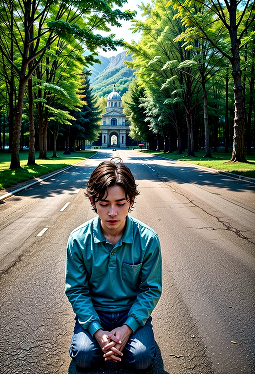 An image of a man kneeling in prayer, outdoors, demonstrating his devotion to God