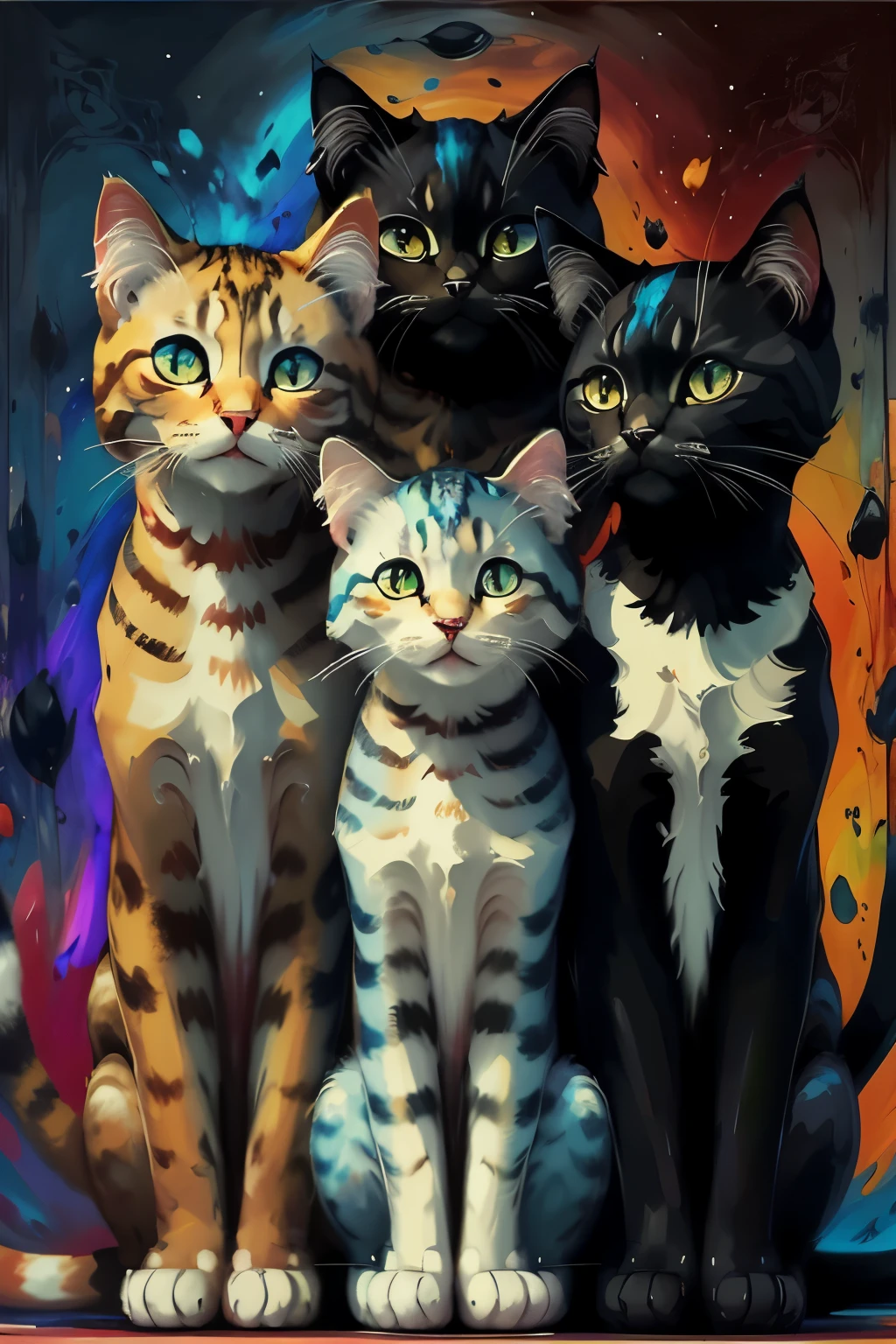 Three ethereal felines, elegantly captured in the style of abstract expressionism, dance across the canvas with fluid, swirling brushstrokes. Deep and vibrant hues of amber, cerulean, and obsidian blend together, each stroke meticulously placed to evoke a sense of movement and emotion. The background remains neutral, allowing the feline trio to take center stage. The overall mood is contemplative, as if each cat is pondering the mysteries of the universe. Intricate details and sharp lines showcase the artist's mastery of his craft, while the stunning 8K resolution brings out every brushstroke with breathtaking clarity. The piece is a testament