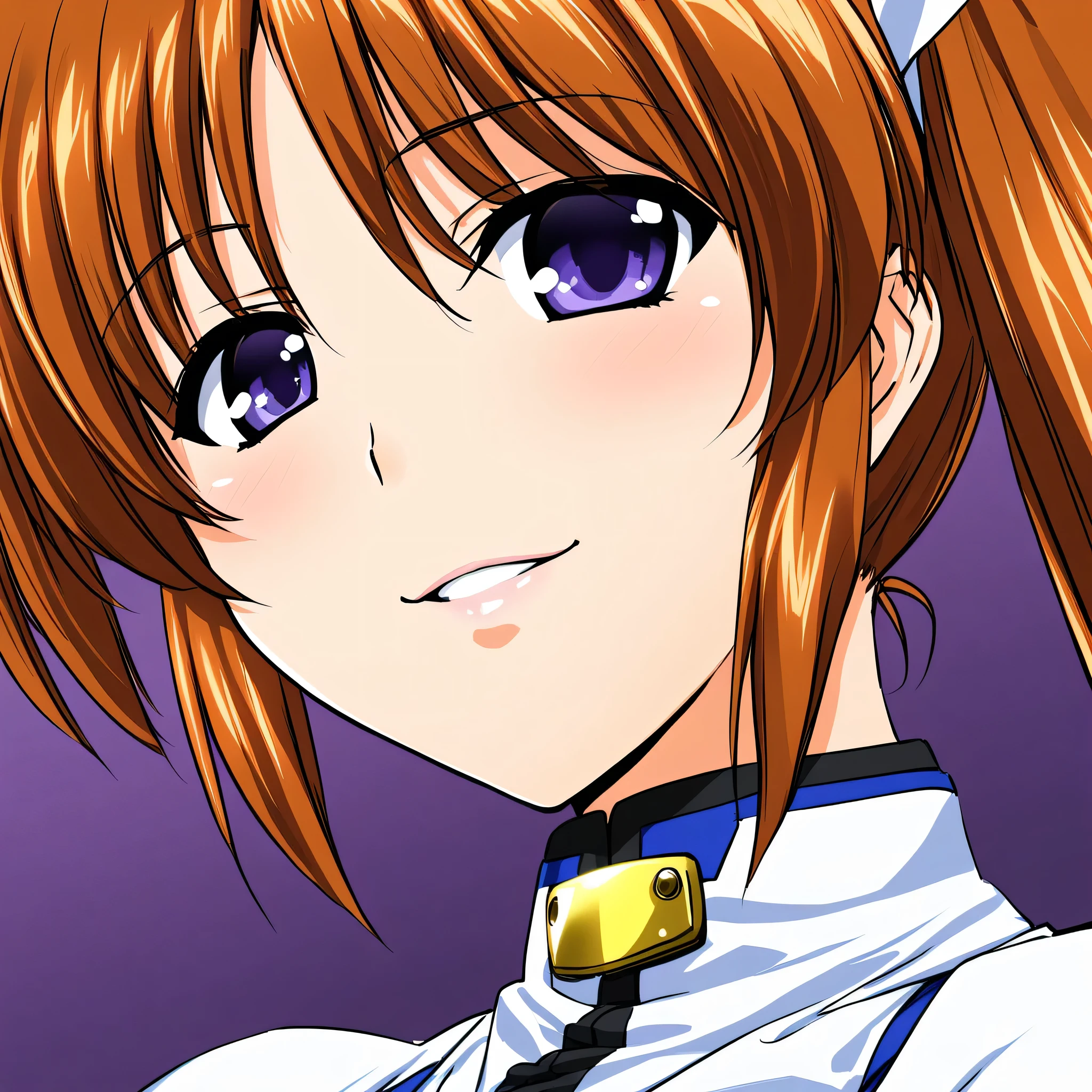 takamachi_nanoha, 1girl, solo, twintails, brown hair, smile, close-up, portrait, magical girl, purple eyes, seductive smile, 