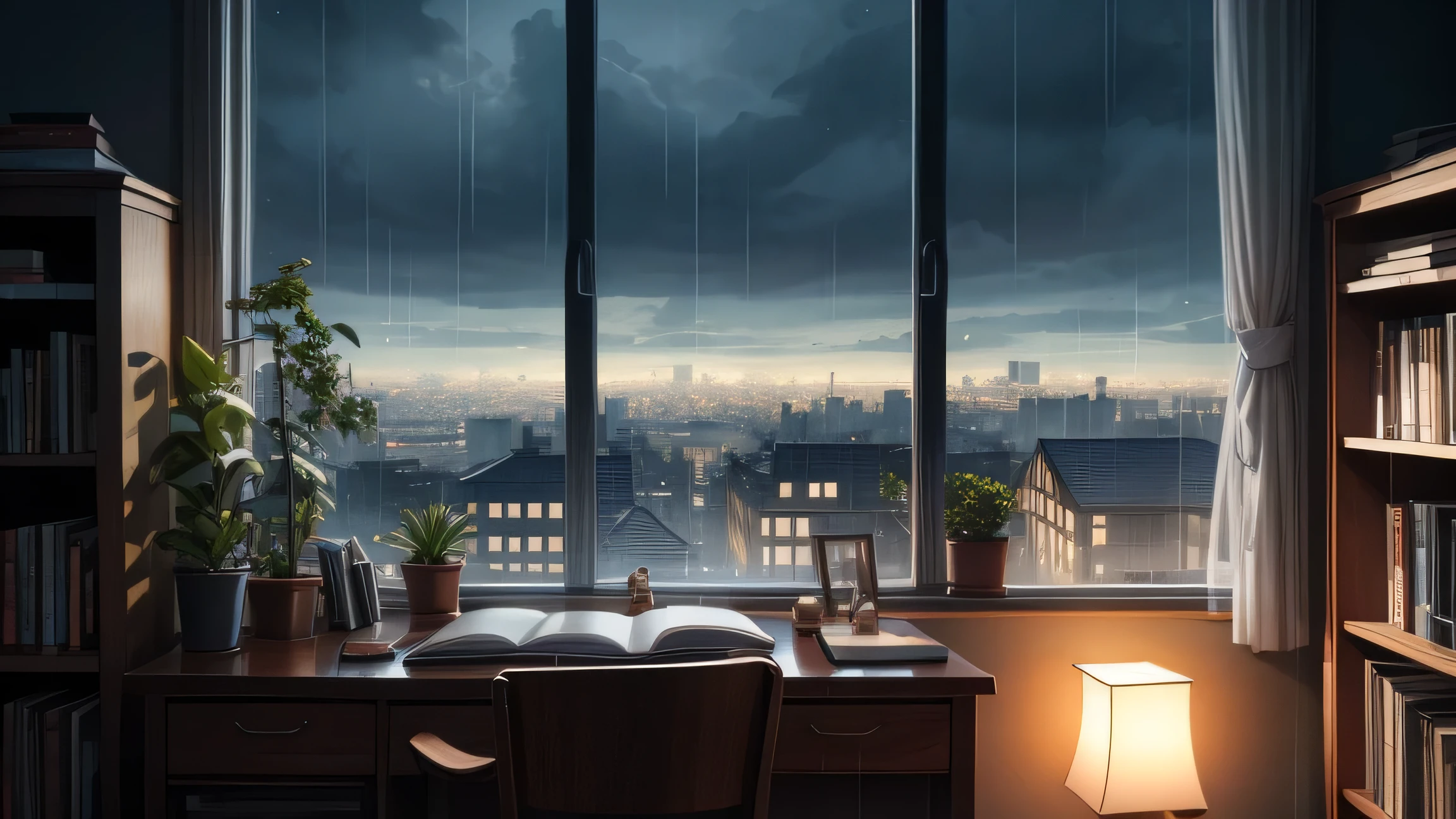Generate a photo of a night scene with a desk, stationery, a large window, a night sky, cloudy sky, rain, and fog. The scene should have a soft anime style and a 16:9 aspect ratio. Use the soft ambient light from the window to capture the peaceful atmosphere of the night. Include subtle details such as the stars outside and a cozy, softly lit room with books and plants in the background.