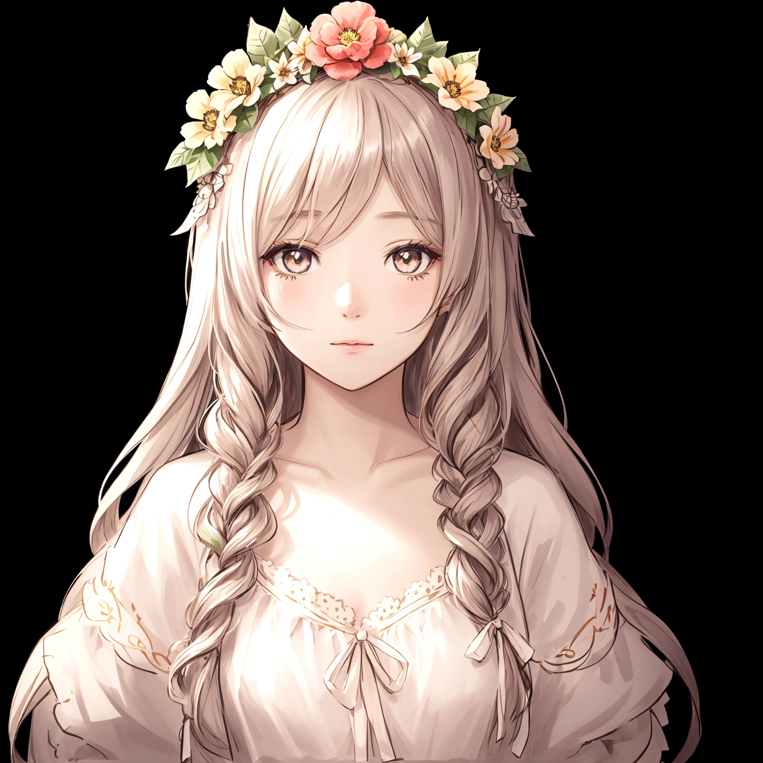 a drawing of a girl with a flower crown and long hair wearing some decorations, 1 girl, decorations, alone, long hair,white balance,120K,HD