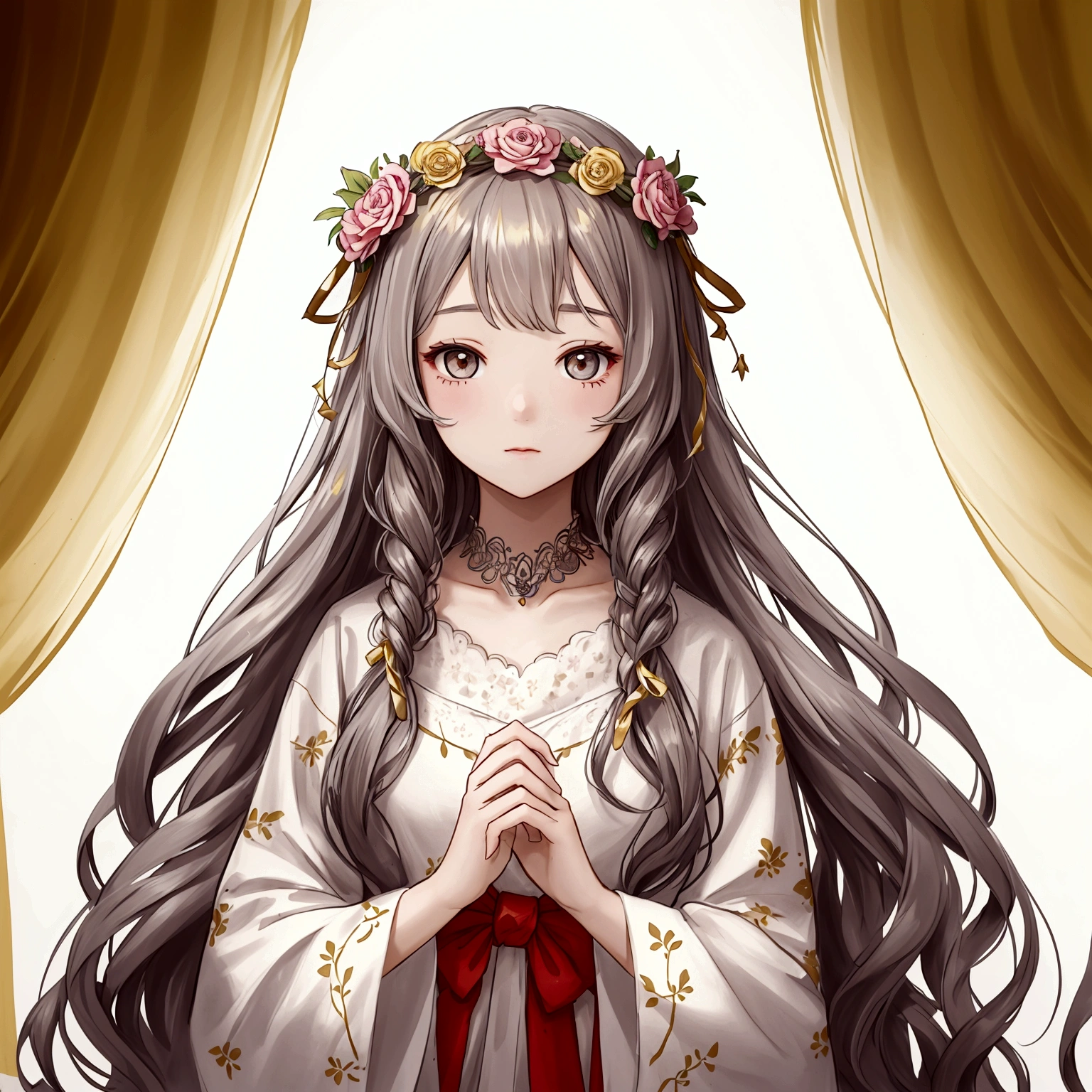 a drawing of a girl with a flower crown and long hair wearing some decorations, 1 girl, decorations, alone, long hair,white balance,120K,HD