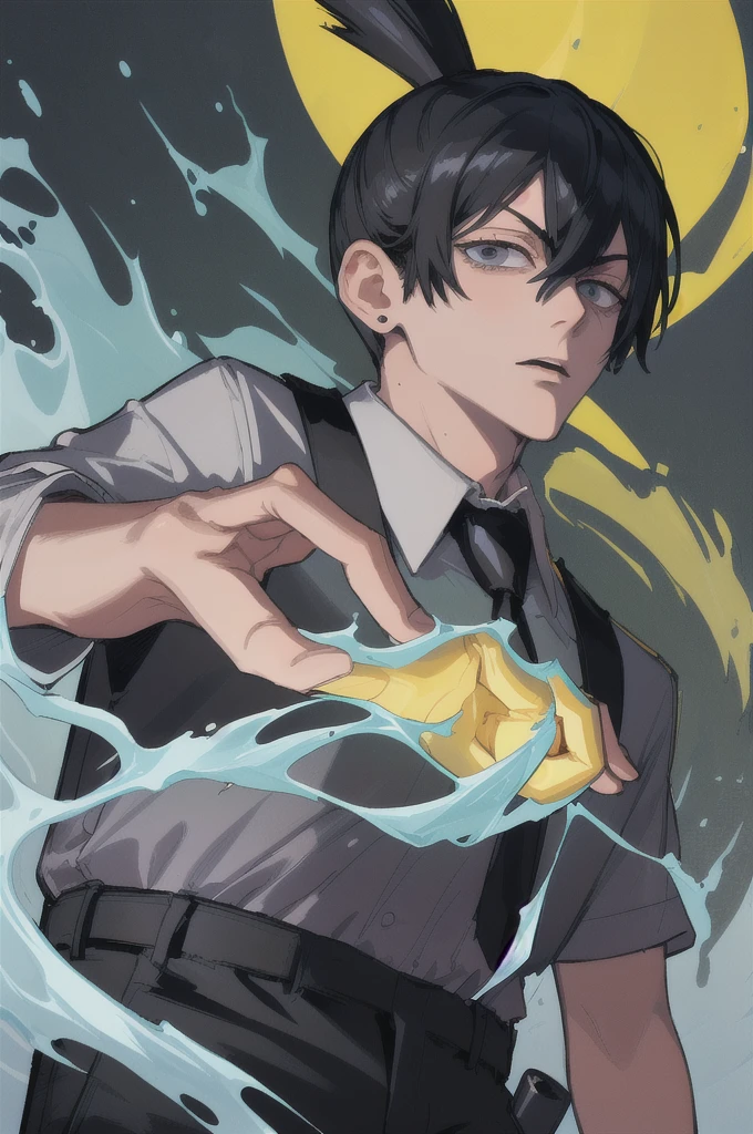 (masterpiece, best quality:1.2), solo, male focus, 1boy, hayakawa aki, serious, looking at viewer, standing, KatanaOneHand, holding, katana, blade across body, blade up, blade right hand, topknot, black jacket, collared shirt, black necktie, black pants 