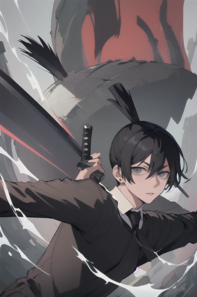 (masterpiece, best quality:1.2), solo, male focus, 1boy, hayakawa aki, serious, looking at viewer, standing, KatanaOneHand, holding, katana, blade across body, blade up, blade right hand, topknot, black jacket, collared shirt, black necktie, black pants