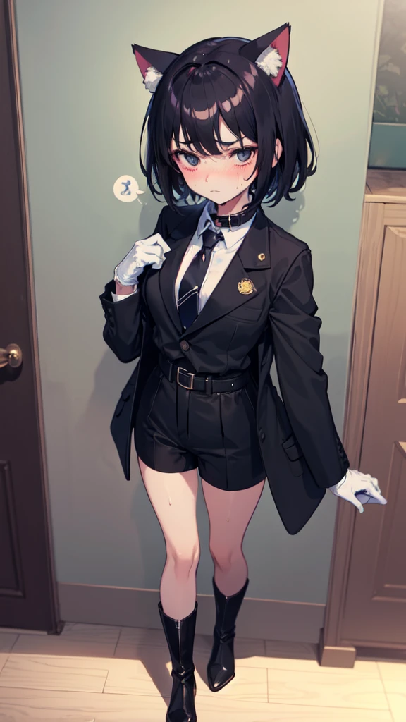 18-year-old girl,cute,Wear a white long-sleeved shirt and a black jacket and a black work tie,Wear black trousers,Wear black booties,Wear white gloves,wear cat ear,Wearing a collar,Black hair,Black eyes,Very thin waist,Very thin legs,Handsome,Disdainful and cold expression,shy,blush,scared,Sweating,tired,pornography,porn action