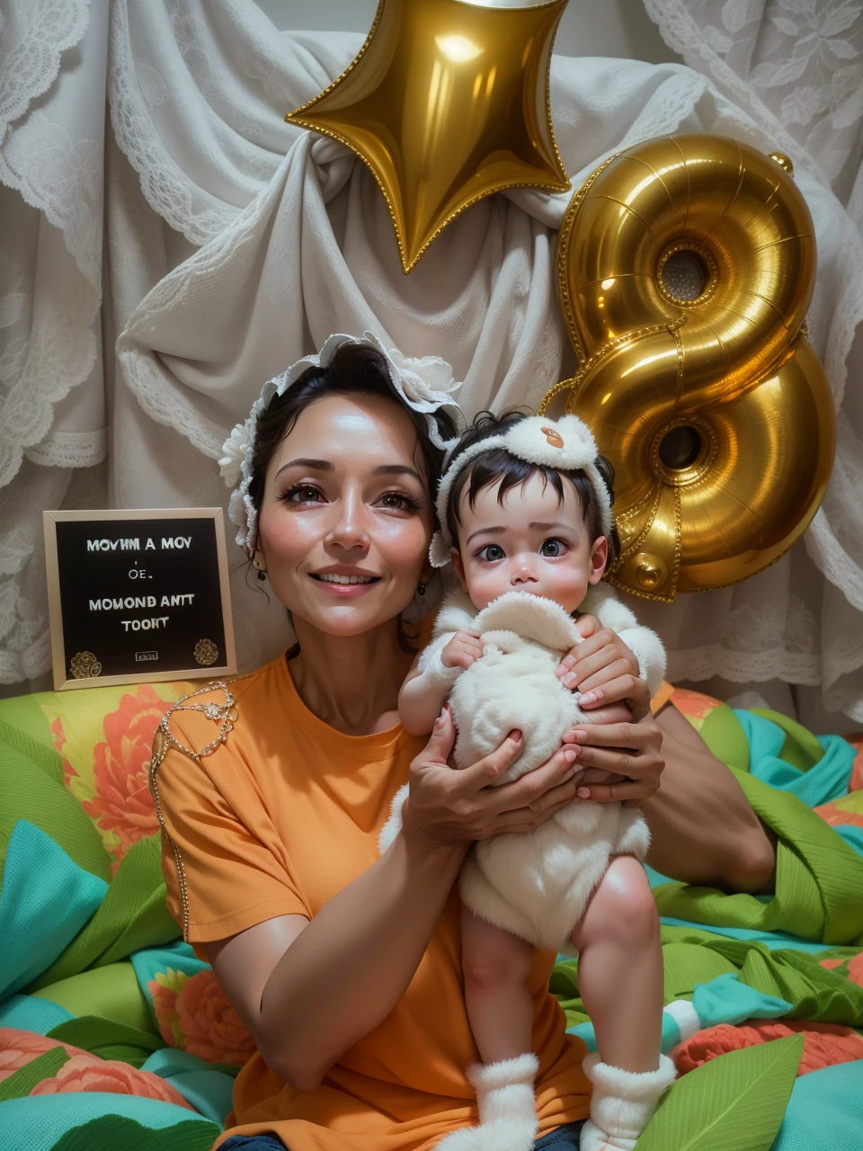 Mom in the bedroom,Holding a cute in her arms,8K,k hd,Mom smiled,The was smiling,The eyes are round,incredibly detailed,Sharpen,the detail +superbly fine details+Night of lights+perfectionism+award winning realism((Moody light))