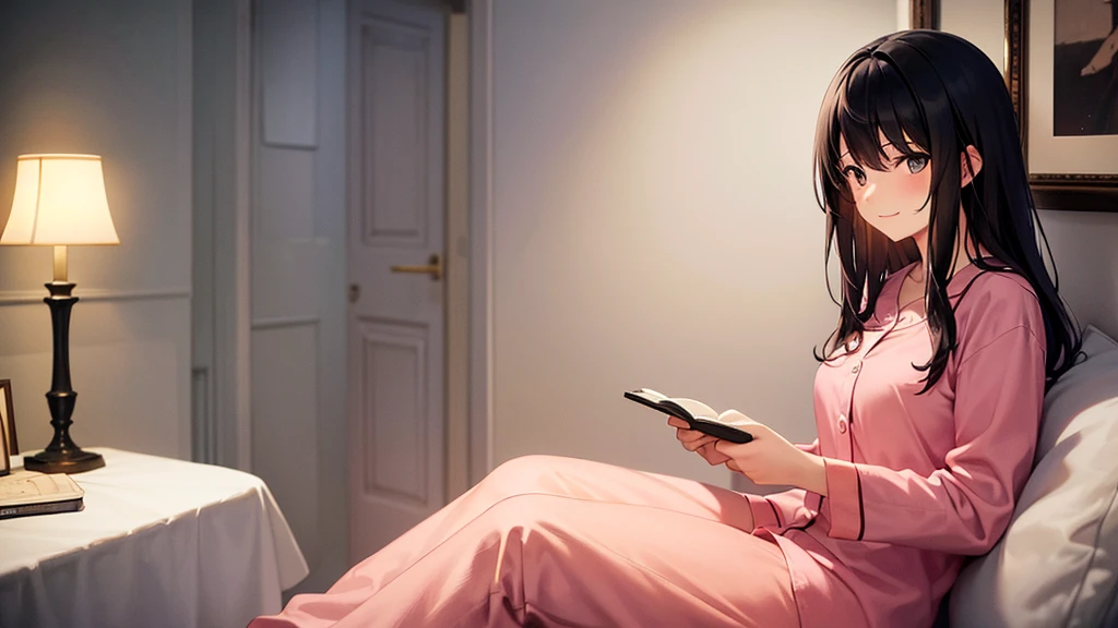 The image depicts a girl sitting on a bed in a dimly lit room. She is wearing pink pajamas and has black hair with a gentle smile. In the background, there is a bedside table with a lamp and some books. A painting adorns the wall, creating a calm atmosphere overall. The room’s interior is simple, and the soft lighting enhances the comfortable space.