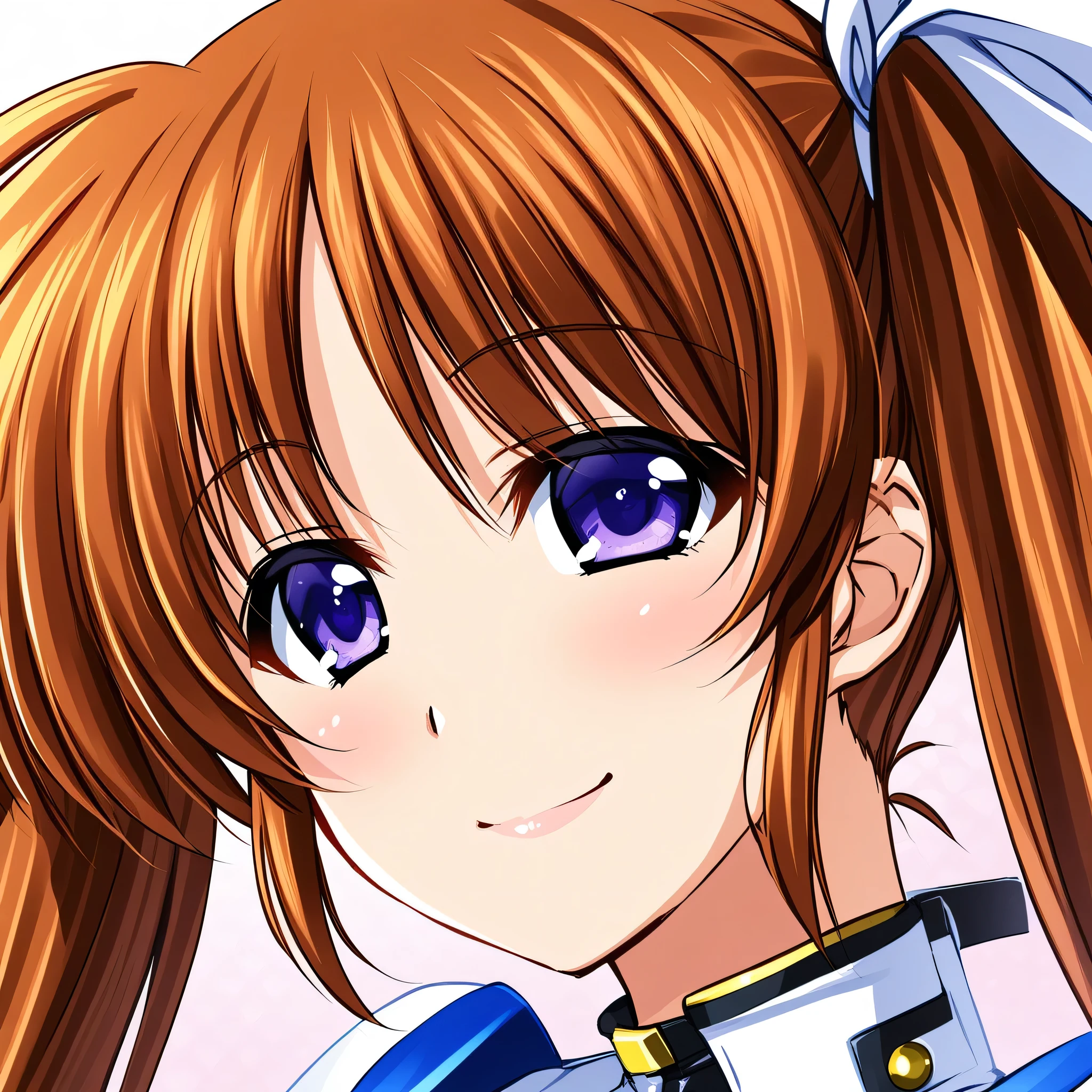 takamachi_nanoha, 1girl, solo, twintails, brown hair, smile, close-up, portrait, magical girl, purple eyes, seductive smile, 