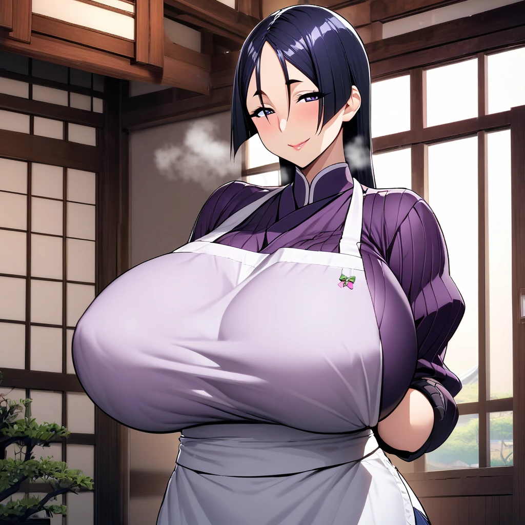 minamoto no raikou,1girl,solo,Mature Women,gigantic huge breasts,slender,apron,breath,amorous glance,looking at viewer,smile,near,standing up,Japanese house,in room
