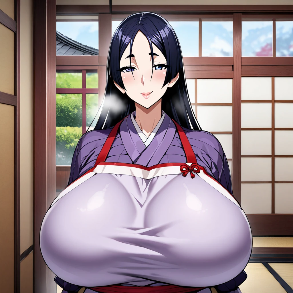 minamoto no raikou,1girl,solo,Mature Women,gigantic huge breasts,slender,apron,breath,amorous glance,looking at viewer,smile,near,standing up,Japanese house,in room