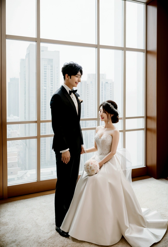 Korean groom and Korean bride looking at camera in a luxury building