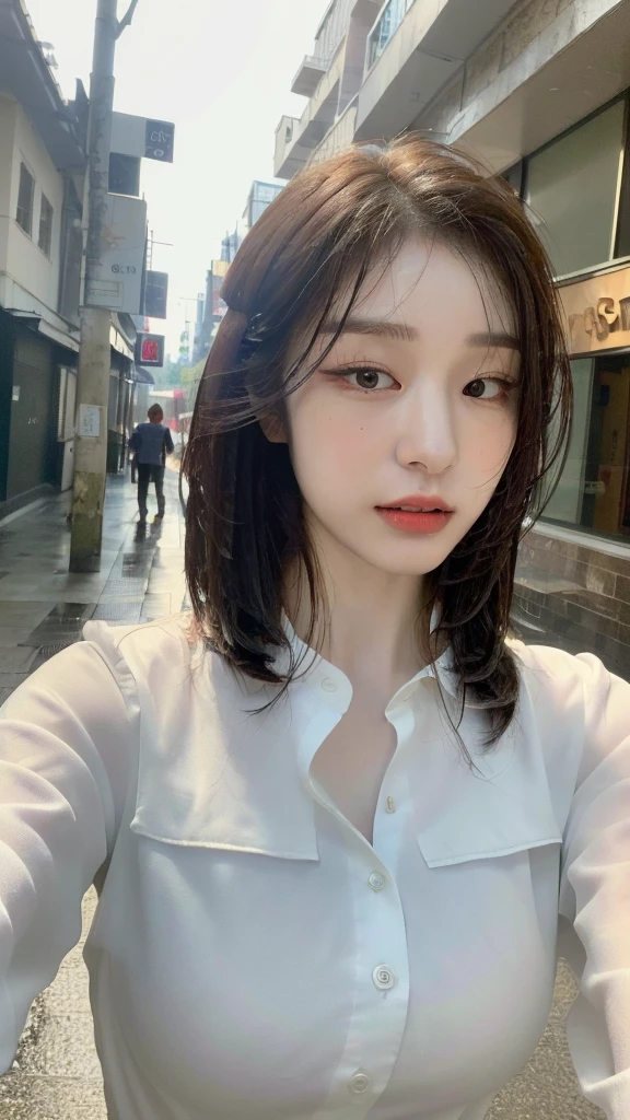 ((Best Quality, 8K, Masterpiece: 1.3)), Sharp: 1.2, Perfect Body Beauty: 1.4, Slim Abs: 1.2, ((Layered Hairstyle, Big Breasts: 1.2)), (Wet White Button Long Shirt: 1.1), (Rain, Street: 1.2), Wet: 1.5, Highly detailed face and skin texture, detailed eyes, double eyelids, side face looking at the camera