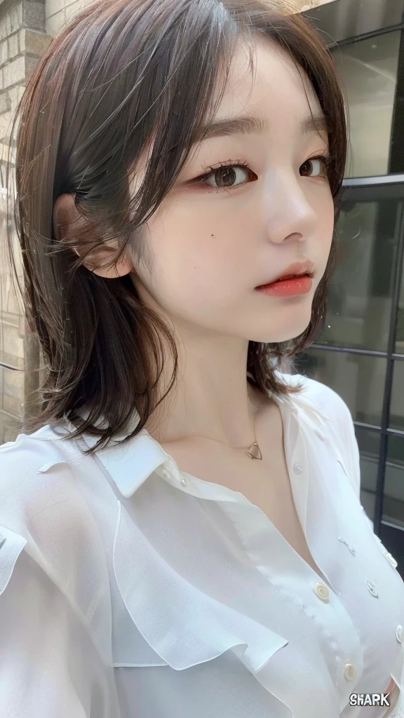 ((Best Quality, 8K, Masterpiece: 1.3)), Sharp: 1.2, Perfect Body Beauty: 1.4, Slim Abs: 1.2, ((Layered Hairstyle, Big Breasts: 1.2)), (Wet White Button Long Shirt: 1.1), (Rain, Street: 1.2), Wet: 1.5, Highly detailed face and skin texture, detailed eyes, double eyelids, side face looking at the camera