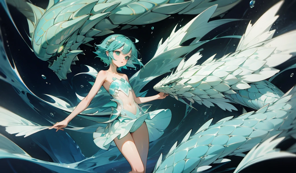 Flat-chested girl with short aqua hair,Water Spirit,Transparent skirt,Scales all over the body,underwear,Bare Legs,deep sea