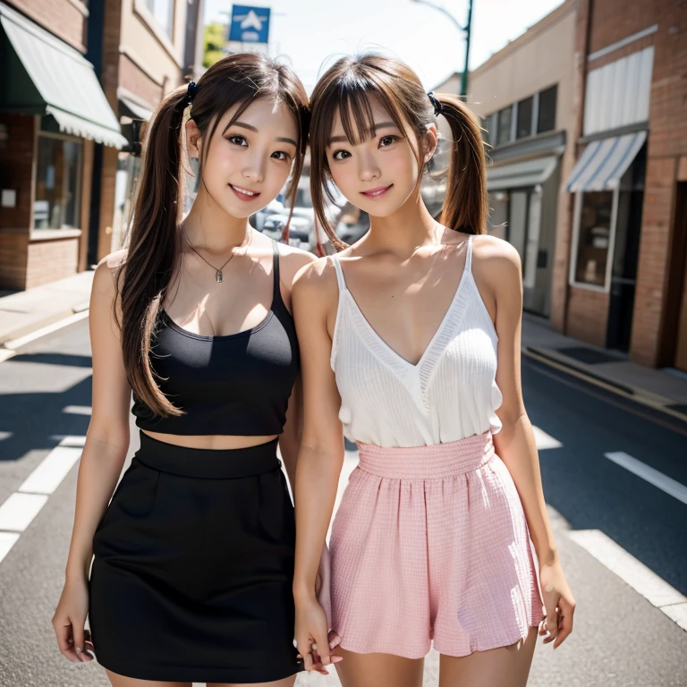 Tabletop, Two Girls、Highest quality, figure, Super detailed, In detail, High resolution, 8k wallpaper, Perfect dynamic composition, Beautiful attention to detail, Women's fashion,Natural color lip, Twin tails. Bold sexy pose,smile,Harajuku、****************、cute、sexy shot looking at camera,　Rough Fashion、