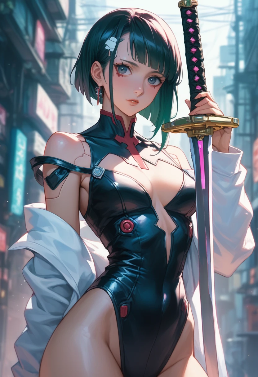 Cyberpunk Girl, Digital Cyberpunk Art, (Digital Cyberpunk Art), Ultra high definition、masterpiece、correct、Anatomically correct、Textured skin、Very detailed、High detail、high quality、最high quality、High resolution、8K、Raw photo、whole body、Beautiful age Woman、One Japanese woman、Big beautiful eyes、Medium chest、Black Hair Semi-Long、((サイバーパンクな赤色の光沢のあるメタリックなJapanese Armorを着る))、(((Japanese Armor)))、Enter the battlefield、Sexy pose、Holding a sword