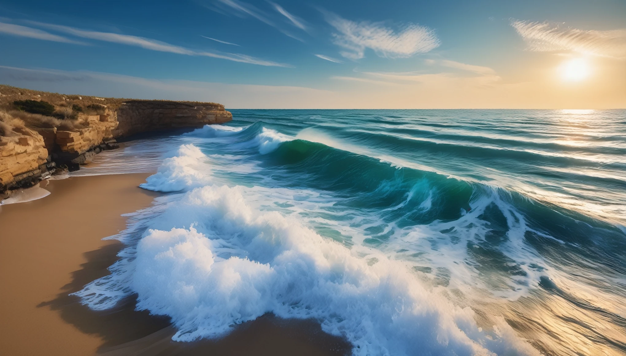 sea ​​waves, beach, blue sea landscape photo, (masterpiece, ultra quality, high resolution, 8k, intricate: 1.2), (masterpiece), (best quality:1)