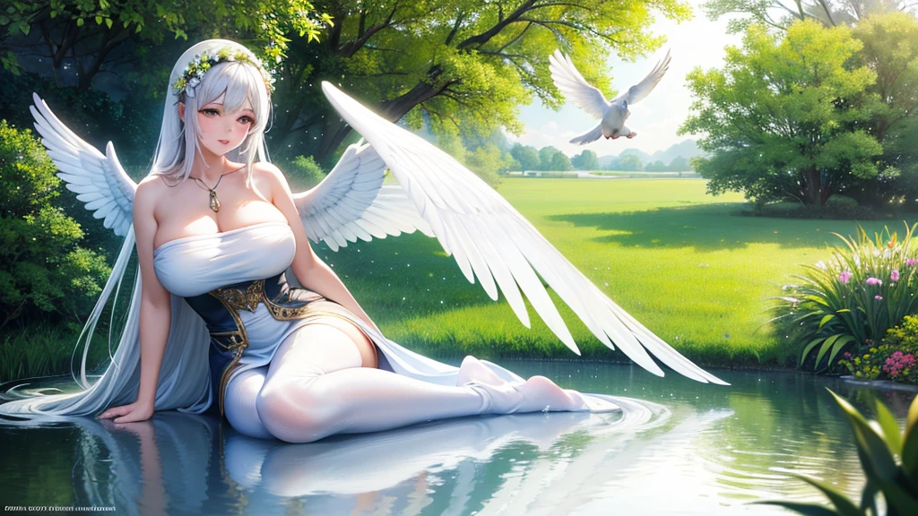 "1 29 years old fully clothed beautiful angel mother with long white hairs and 2 beautifull white angelic wings, european face, praying, white clothes, large hips, big , white doves, doves in the background, serene and peaceful expression" ethereal and heavenly, 4k, high quality, intricate details, photorealistic, dramatic lighting, vibrant colors, beautifull scenerie, beautifull light, a peaceful garden, lush greenery, blooming flowers, serene atmosphere, warm sunlight, calming pond, tranquil landscape, beautiful scenery, natural environment, idyllic setting, (best quality,4k,8k,highres,masterpiece:1.2),ultra-detailed,(realistic,photorealistic,photo-realistic:1.37),landscape,vibrant colors,soft lighting,natural lighting, no watermark