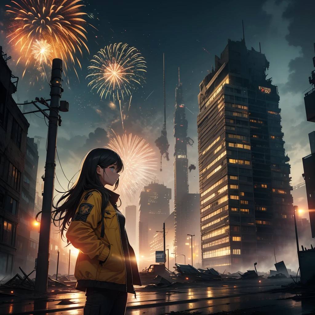 Realistic scenery, ultra - detailed, the night，postapocalyptic, High quality, Buildings everywhere, Destroyed buildings,postapocalypse, full-body portraits ,A girl, Yellow jacket, Hands in pockets, Long black hair, Heterochromic eyes,Fireworks explode in the sky , Spectacular fireworks display. The fireworks are huge