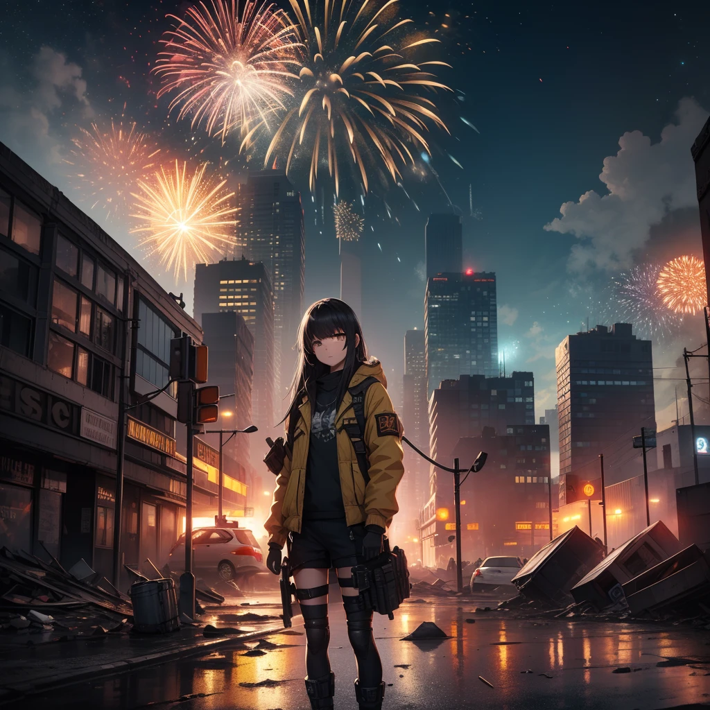 Realistic scenery, ultra - detailed, the night，postapocalyptic, High quality, Buildings everywhere, Destroyed buildings,postapocalypse, full-body portraits ,A girl, Yellow jacket, Hands in pockets, Long black hair, Heterochromic eyes,Fireworks explode in the sky , Spectacular fireworks display. The fireworks are huge