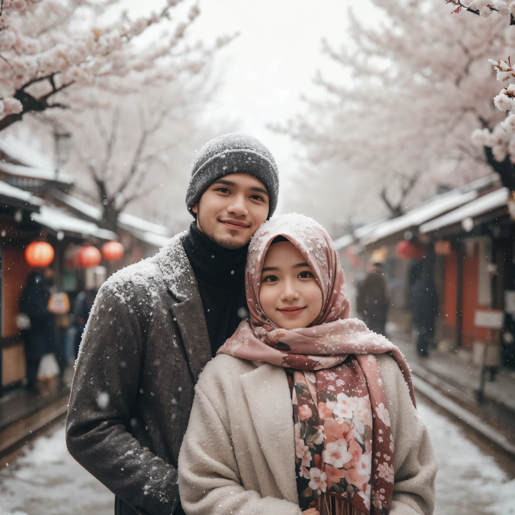 Outdoor family photo in Indonesia, three members, father aged 34 , mother aged 35 wearing hijabs, and a chubby 10-year-old boy, wearing warm clothes, lots of snow around and falling on the fabric, standing on Asakusa street, lots of snow falling on the fabric. The background is a street with cherry blossom trees, 8k. photography