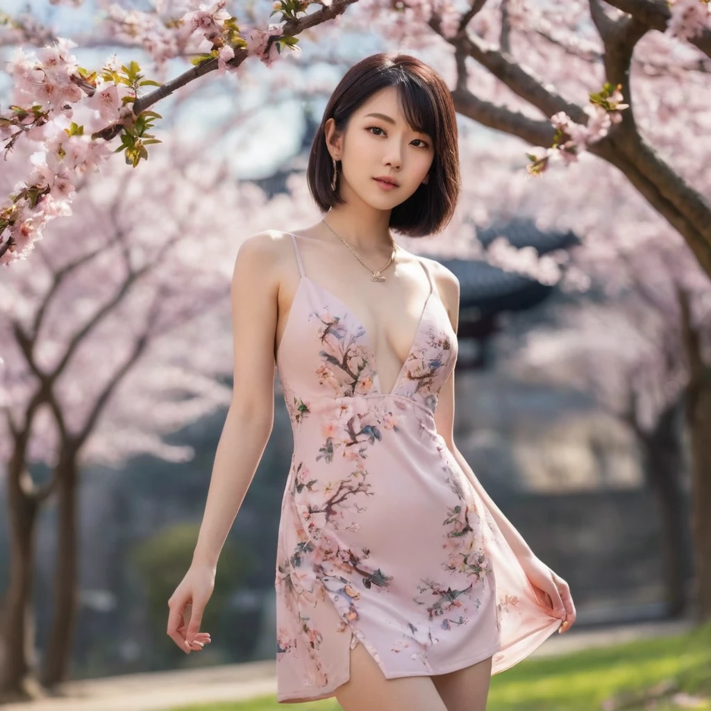 Masterpiece, charming asian aged 20 years old, super detailed, high quality, sharp focus, cinematic lighting, beauty, bob hair, necklace, (slim legs), (slender body), (medium breasts), small tattoo, (slip breasts), (sexy embellished dress), (one leg up), (no bra), (no panty), (Outdoor full-bloom Sakura blossom trees background), (Sakura petals falling), (nsfw), photorealistic