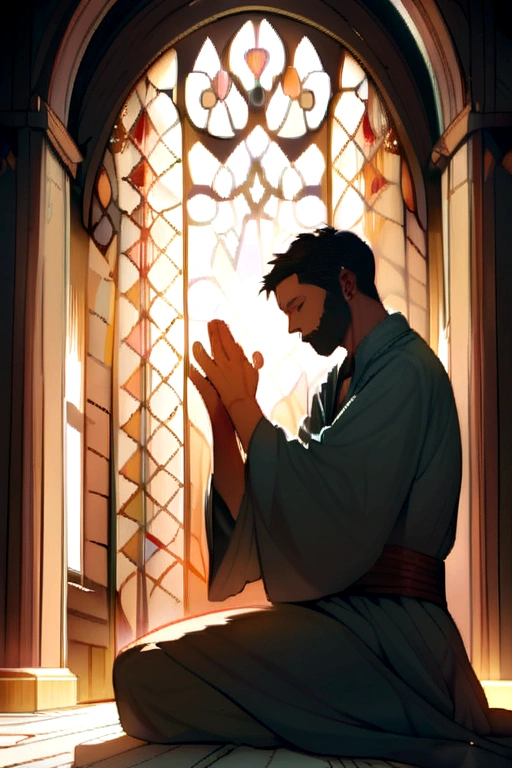 An image of a man kneeling in prayer, outdoors, demonstrating his devotion to God