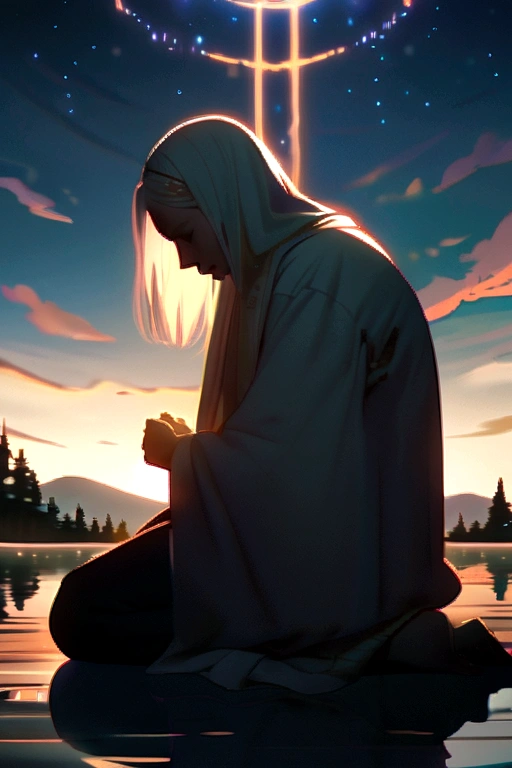An image of a man kneeling in prayer, outdoors, demonstrating his devotion to God