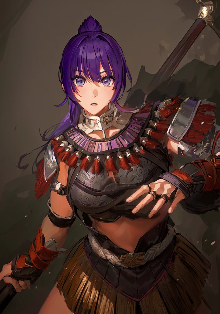 Anime style image of a woman with purple hair and a spear, As a powerful monster hunter, wearing monster hunter armor, Armor Girl, wearing monster hunter armor, A very beautiful berserker woman, wearing dark Purple Armor, Morrigan, Epic RPG portrait, Wearing a shining breastplate, Portrait Ninja Gaiden Girl, With scaly armor, Purple Armor,Dark skin,Black Leather,Good shape,Huge breasts,Three Kingdoms志。Three Kingdoms无双,Three Kingdoms,,antiquity,Chinese style,Female generals