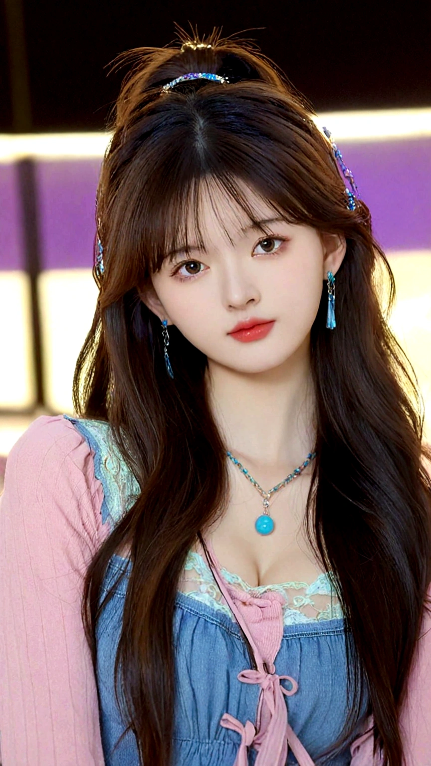 extreme close-up of beautiful Chinese female, big nose, straight hair, 38 inch breasts size, necklace, bokeh background, UHD