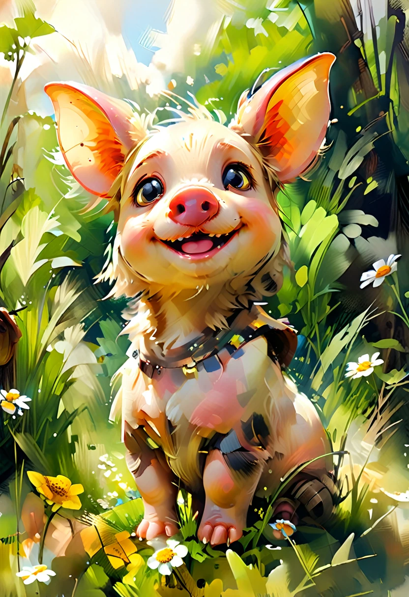 Masterpiece Illustration, high quality, high resolution 16k, a painting of a dady pig with a smile on it's face,Looking at the camera, (fisheye camera ) zhibi, funy cartoon, computer graphics, oil painting, little pig With big ears sitting on a Sunny meadow, trend in Art Station, playful smile, 🍁 cute, inspired by Ruben Tam, very cute facial features, , small in size, long pointed ears, artistic style, oil and watercolor painting