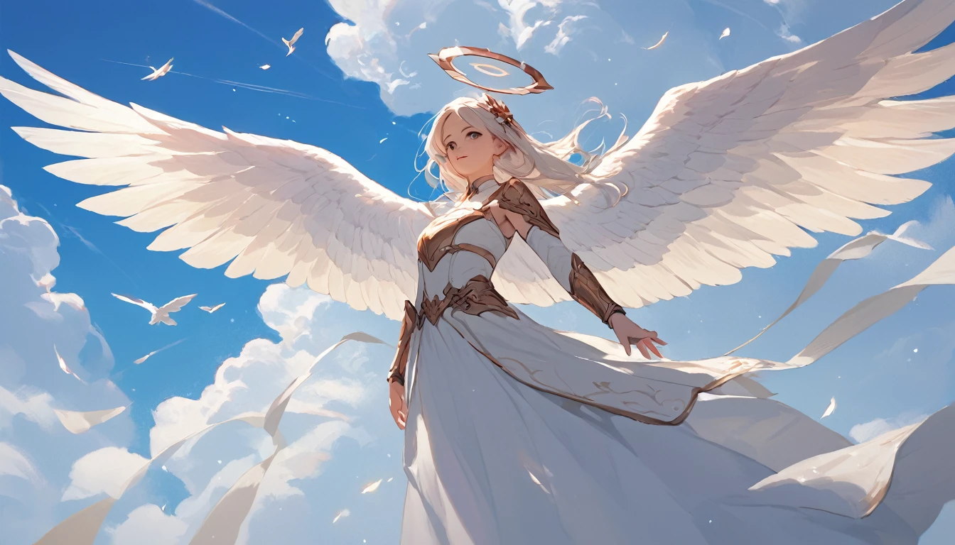 score_9, score_8_up, score_7_up, source_anime, detailed, 8k, cinematic angle, rating safe, from back, wide shot, A white winged angel is flying and look down, halo, perfect face,