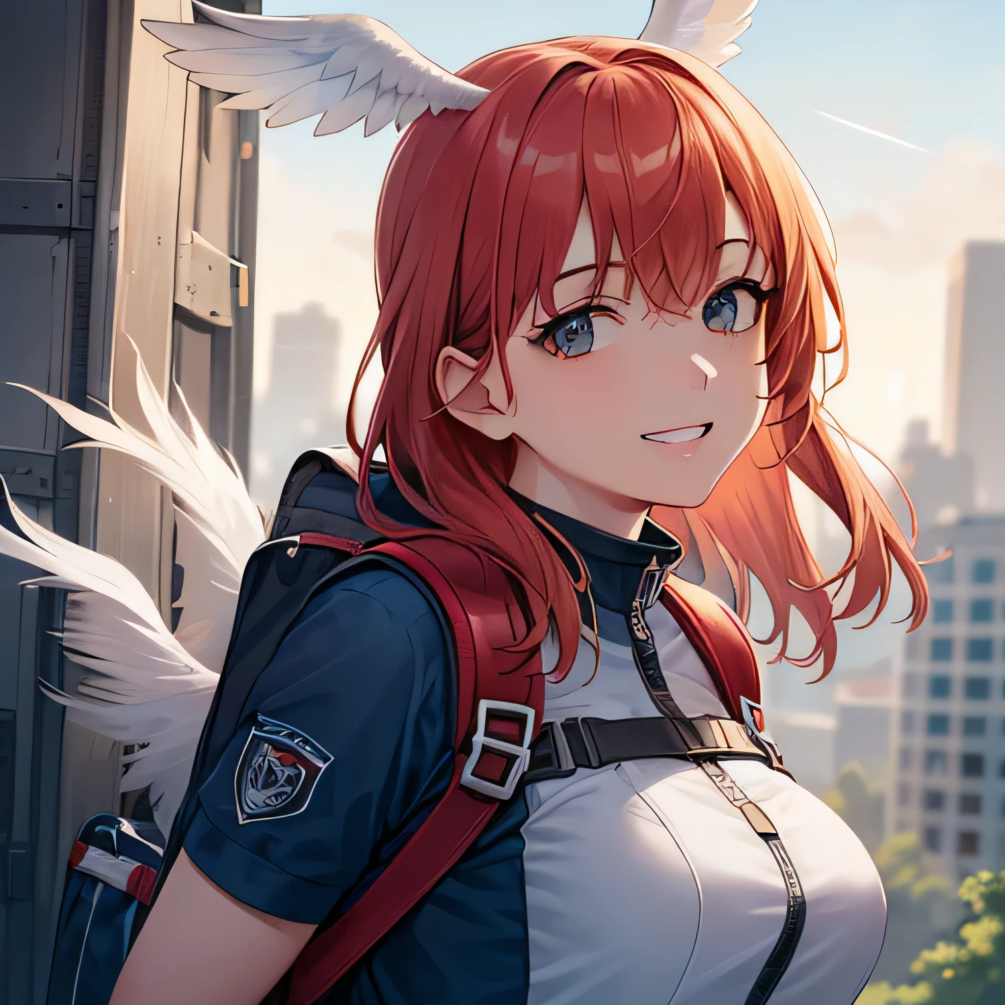 Anime girl with red hair and white shirt sitting on top of hill, Kantai Collection Style, girls frontline style, Top Rated on pixiv, guweiz, Fine details. girls' frontline, from girls frontline, best anime 4k konachan wallpaper, girls frontline universe, ( ( ( yoshinari yoh ) ) ), official artwork