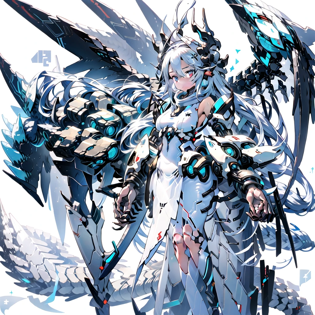 masterpiece, highest quality, highest resolution, clear_image, detailed details, White hair, long hair, cat ears, 1 girl, red eyes, white pantyhose, sci-fi dress, white scarf (white scarf around the neck with a light blue glow), gray futuristic halo (gray halo over the head), white wings (4 wings), cute, full body, no water marks, snow