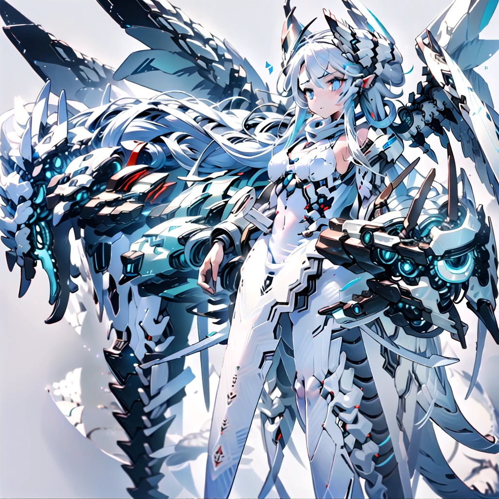 masterpiece, highest quality, highest resolution, clear_image, detailed details, White hair, long hair, cat ears, 1 girl, red eyes, white pantyhose, sci-fi dress, white scarf (white scarf around the neck with a light blue glow), gray futuristic halo (gray halo over the head), white wings (4 wings), cute, full body, no water marks, snow