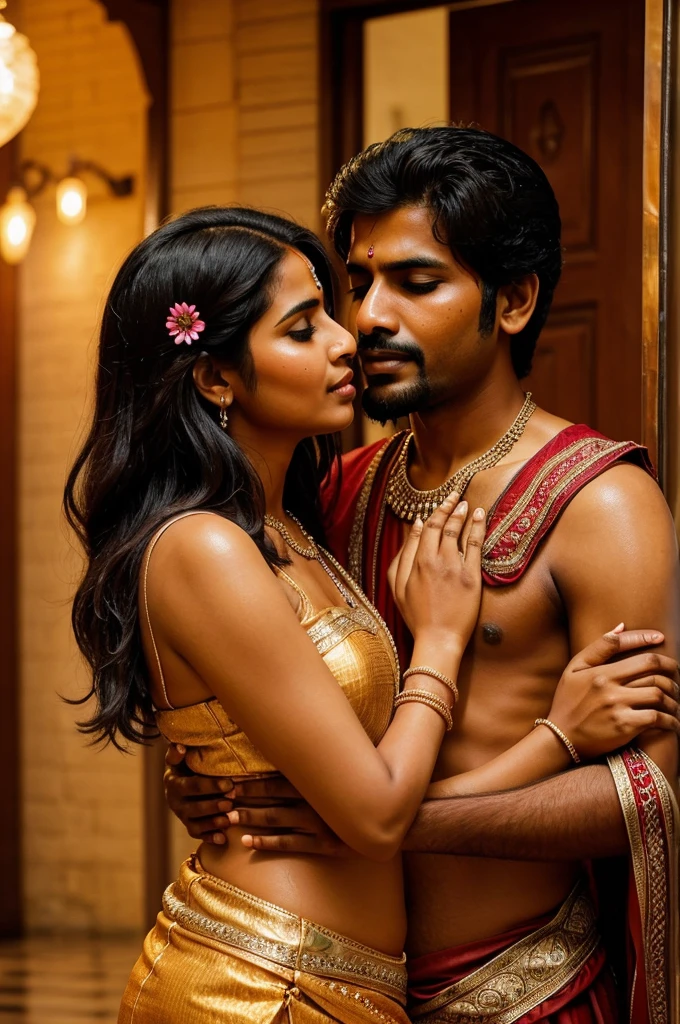 An indian man passionately kissing his wife. She is shy and anxious . his hands are tightly holding her. She is like a wet flower.