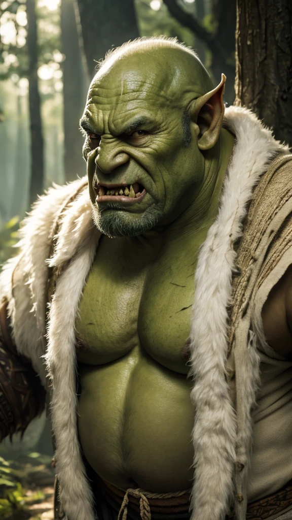 Old orc, big fangs, male orc, (green skin) , peaceful expression, dirty clothes, white hair, wrinkles, wool and linen clothes, fat belly, big body, bone jewelry, skin imperfections, skin dentation, forest background, natural lighting, tribal tattoos, big body, highly detailed, 4k, photorealistic, dramatic lighting, cinematic, fantasy art, ultra high quality, sharp Focus, orczor, hewoworc,