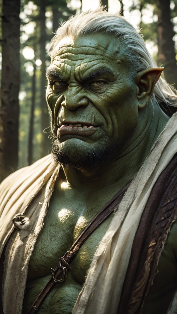 Old orc, big fangs, male orc, (green skin) , peaceful expression, dirty clothes, white hair, wrinkles, wool and linen clothes, fat belly, big body, bone jewelry, skin imperfections, skin dentation, forest background, natural lighting, tribal tattoos, big body, highly detailed, 4k, photorealistic, dramatic lighting, cinematic, fantasy art, ultra high quality, sharp Focus, orczor, hewoworc,