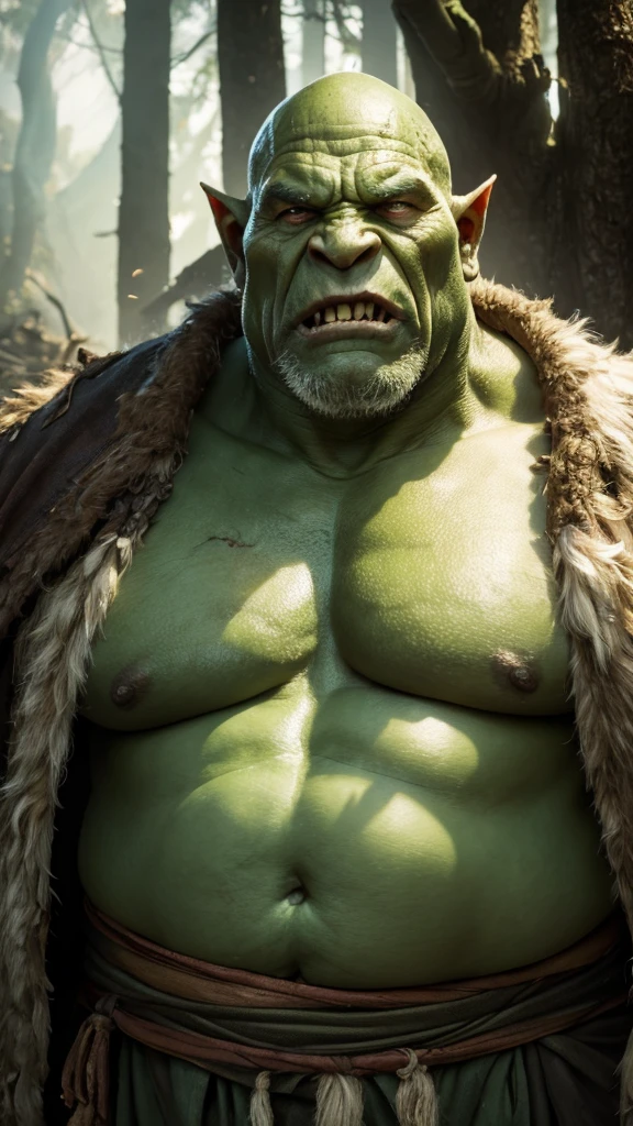 Old orc, big fangs, male orc, (green skin) , peaceful expression, dirty clothes, white hair, wrinkles, wool and linen clothes, fat belly, big body, bone jewelry, skin imperfections, skin dentation, forest background, natural lighting, tribal tattoos, big body, highly detailed, 4k, photorealistic, dramatic lighting, cinematic, fantasy art, ultra high quality, sharp Focus, orczor, hewoworc,